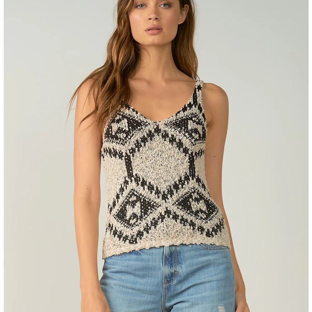 Elan Aztec Print Sweater Tank Size S Black‎ Cream V-Neck Sleeveless Chunky Knit